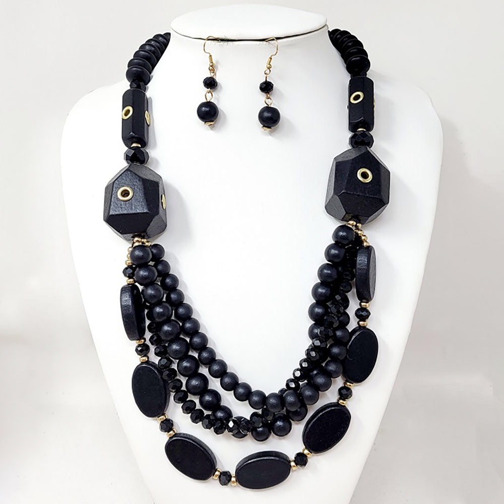Oversized Black & Gold Wooden Abstract Statement Necklace Set